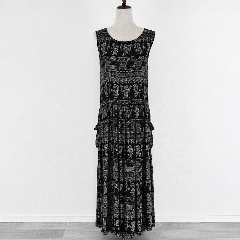BILA‎ Dress Womens M Black Abstract Boho Rayon Breathable Relaxed Hippie Artsy